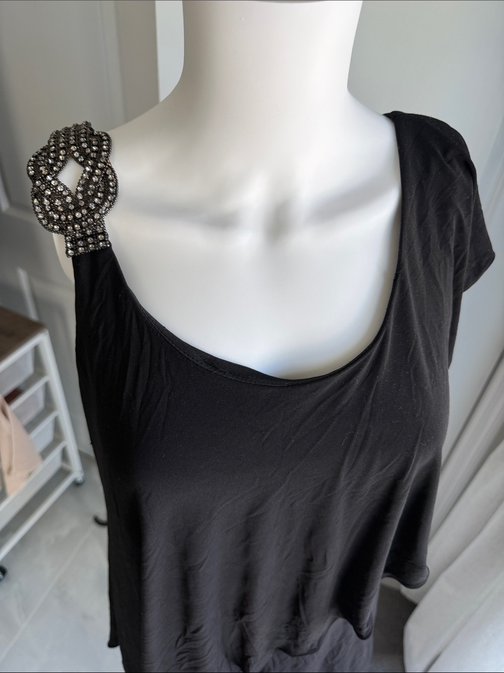 Betsy & Adam Elegant Black Asymmetric Draped Women's Dress with bead detail